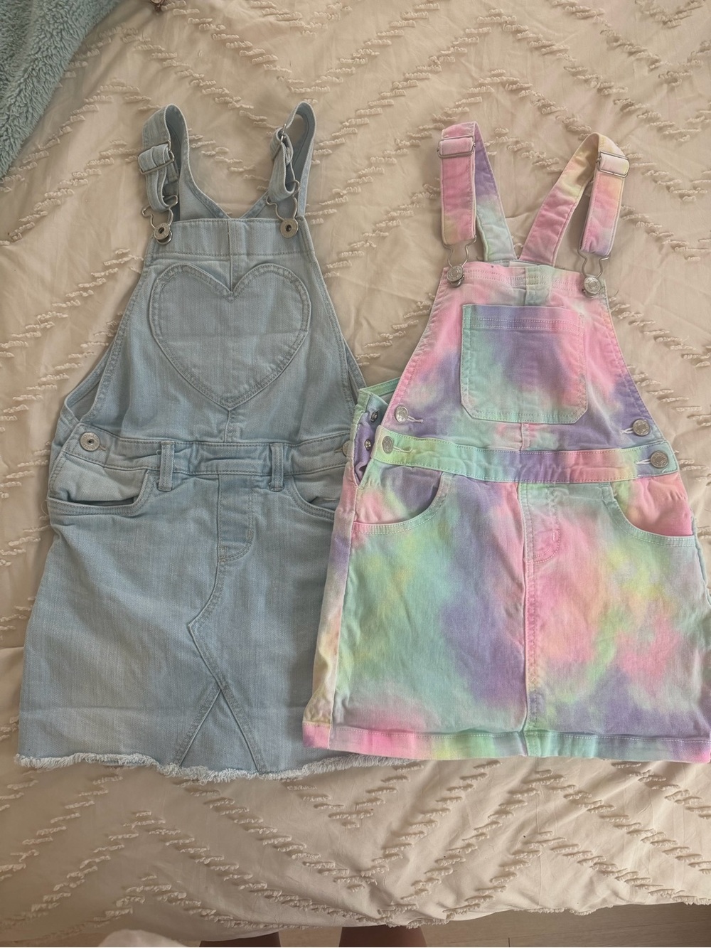 Girls Overall Dress Bundle, Light Jean Wash and Rainbow Tye Dye